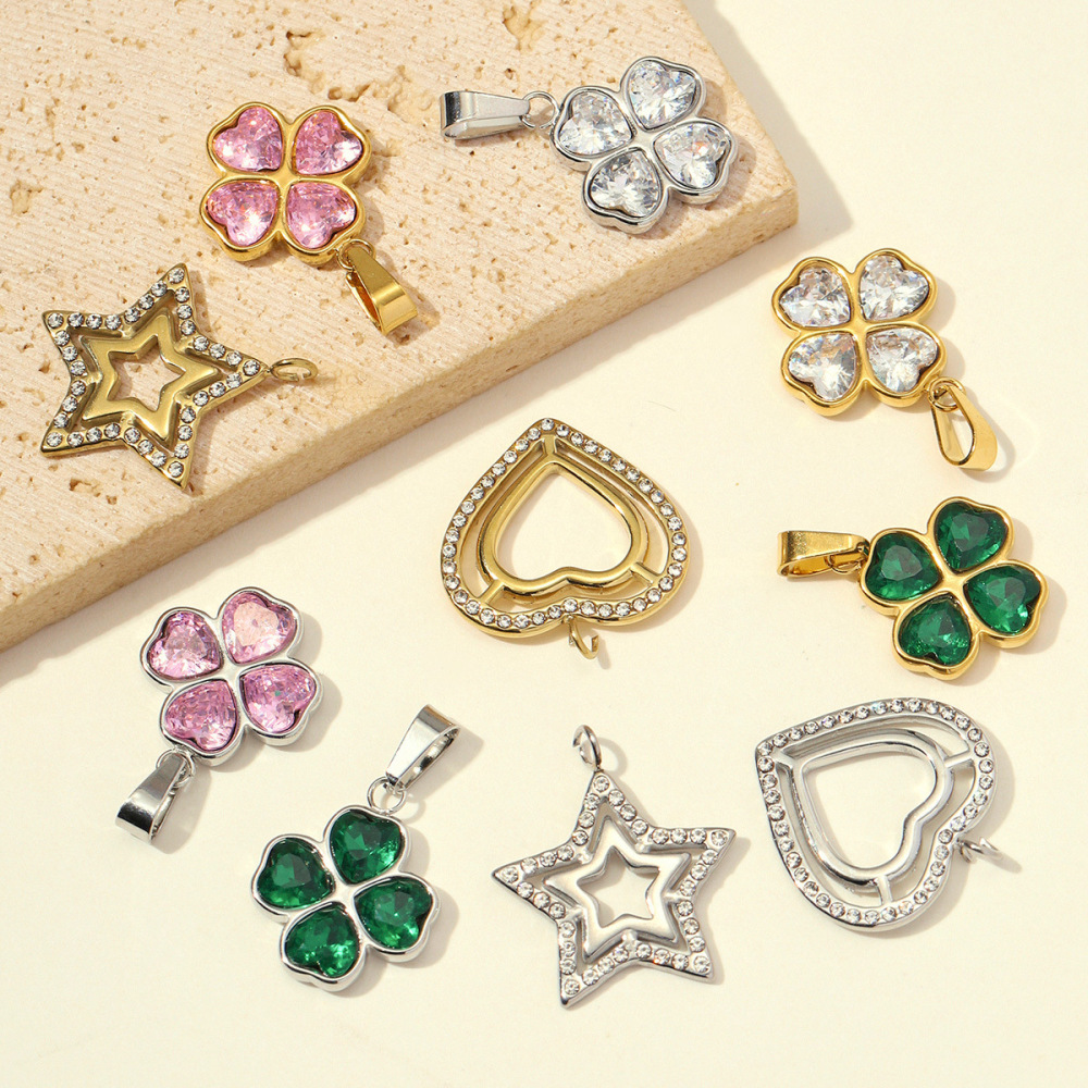 Pendentifs Pour Femmes En Acier Inoxydable Doré, Ornés De Strass Et De Zircon, En Forme De Cœur Et De Trèfle Image3