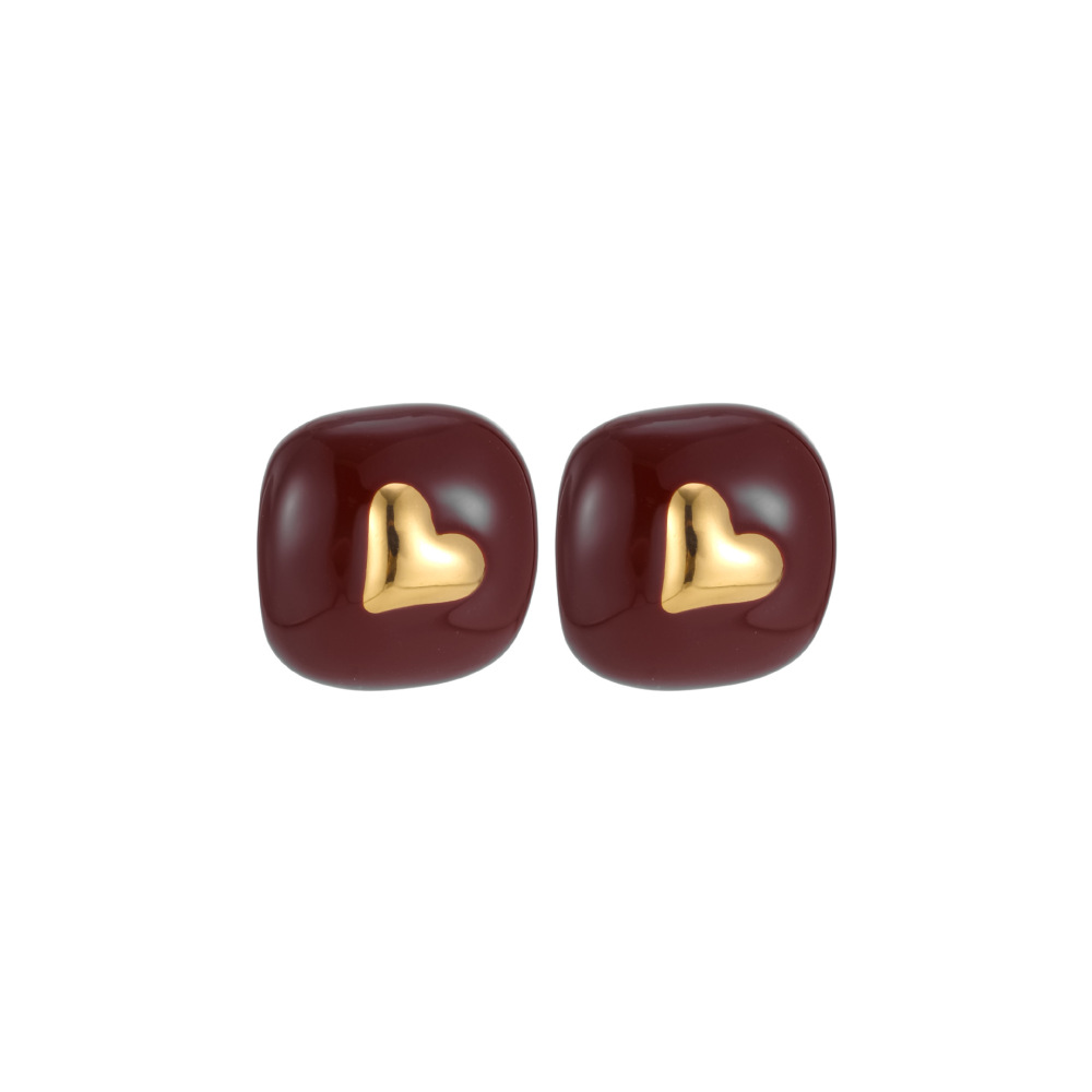 Boucles D'Oreilles Puces Pour Femmes, Style Rétro Cœur Rectangulaire, En Acier Inoxydable Étanche, Couleur Or, Collection Simple Series Image5