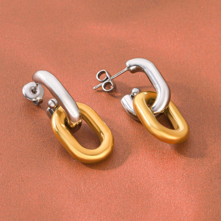 Boucles d'oreilles puces pour femmes, en acier inoxydable, couleur or, forme elliptique, collection Simple Series Daily.