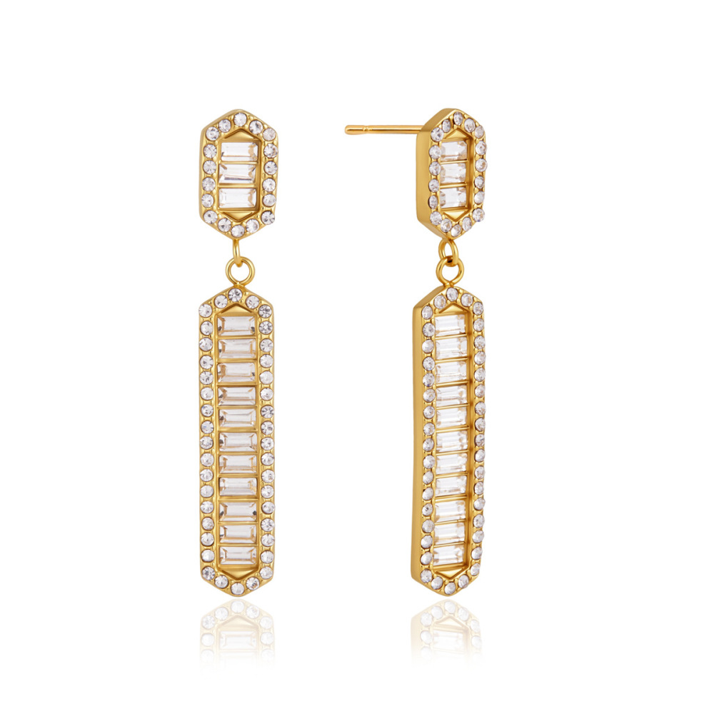 Boucles D'Oreilles Pendantes Pour Femme, Élégantes Et Rectangulaires, En Acier Inoxydable, Étanches, Couleur Or, Avec Zircon. Collection Simple. Image5