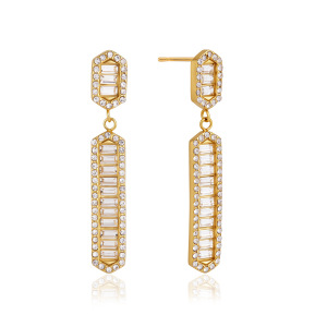Boucles D'Oreilles Pendantes Pour Femme, Élégantes Et Rectangulaires, En Acier Inoxydable, Étanches, Couleur Or, Avec Zircon. Collection Simple. h5 Image5