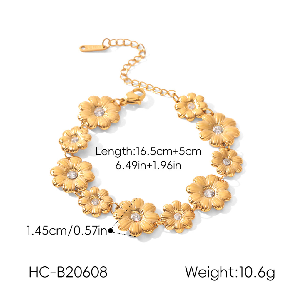 Bracelet Chaîne Pour Femme Simple Series Daily Flower En Acier Inoxydable, Étanche, Couleur Or, Avec Zircon. h5Image2