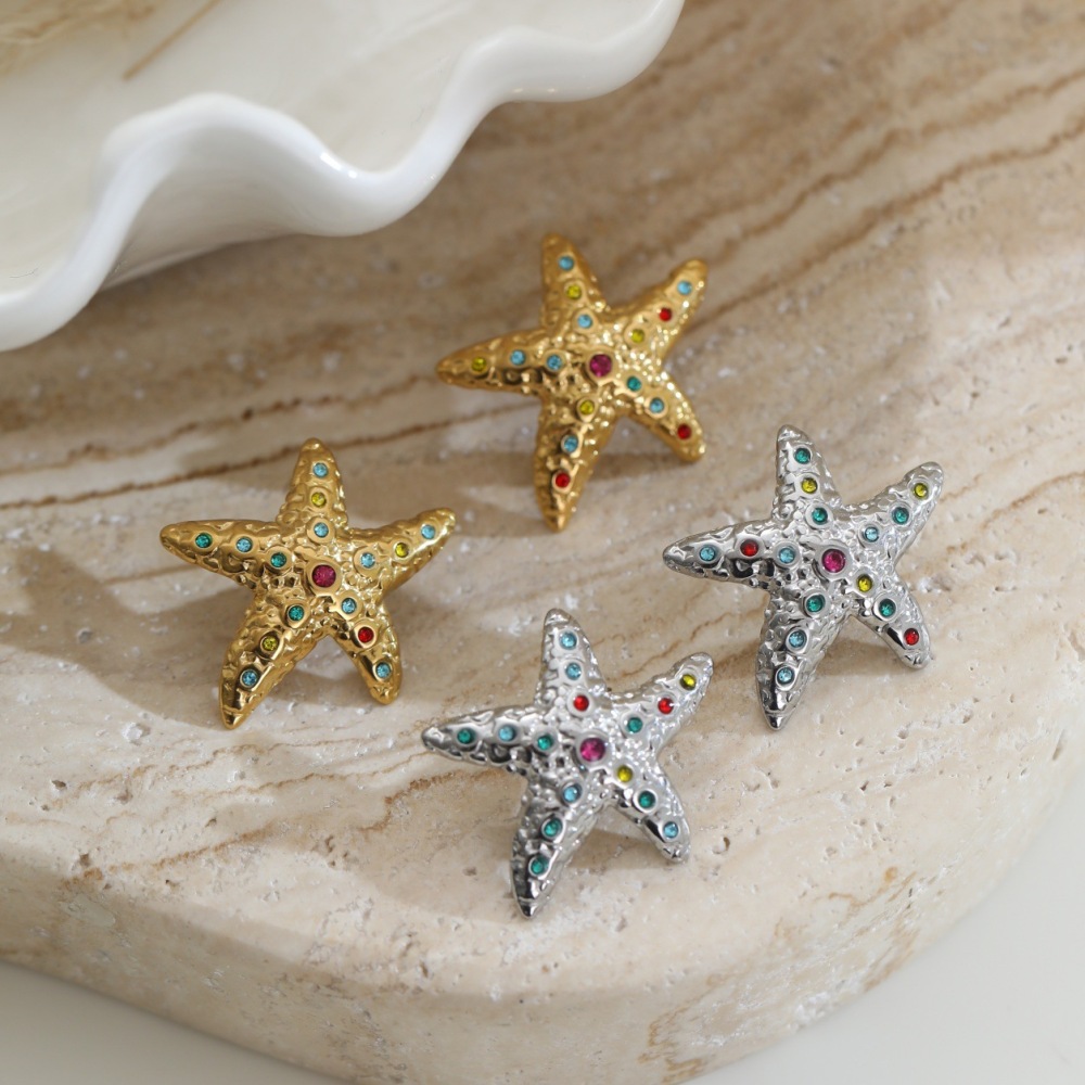 Boucles D'Oreilles Clous En Acier Inoxydable Imperméable Couleur Or, Série Romantique Daily Star Star, En Forme D'Étoile De Mer. Image2