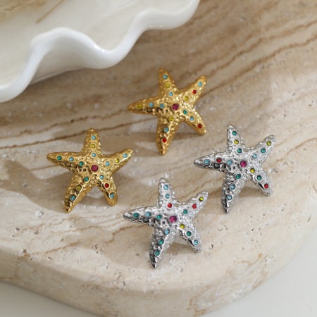 Boucles d'oreilles clous en acier inoxydable imperméable couleur or, série romantique Daily Star Star, en forme d'étoile de mer. 2