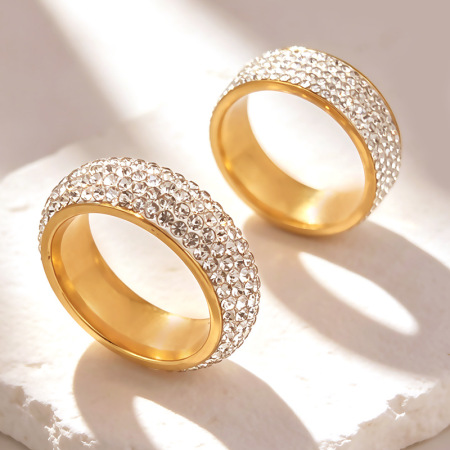 Bagues pour femmes en acier inoxydable doré, imperméables, de couleur unie et ornées de strass, collection Luxueuse. 2