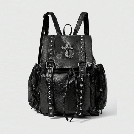 Sac à dos femme en PU de qualité supérieure, style décontracté, orné de rivets en croix et de détails métalliques.
