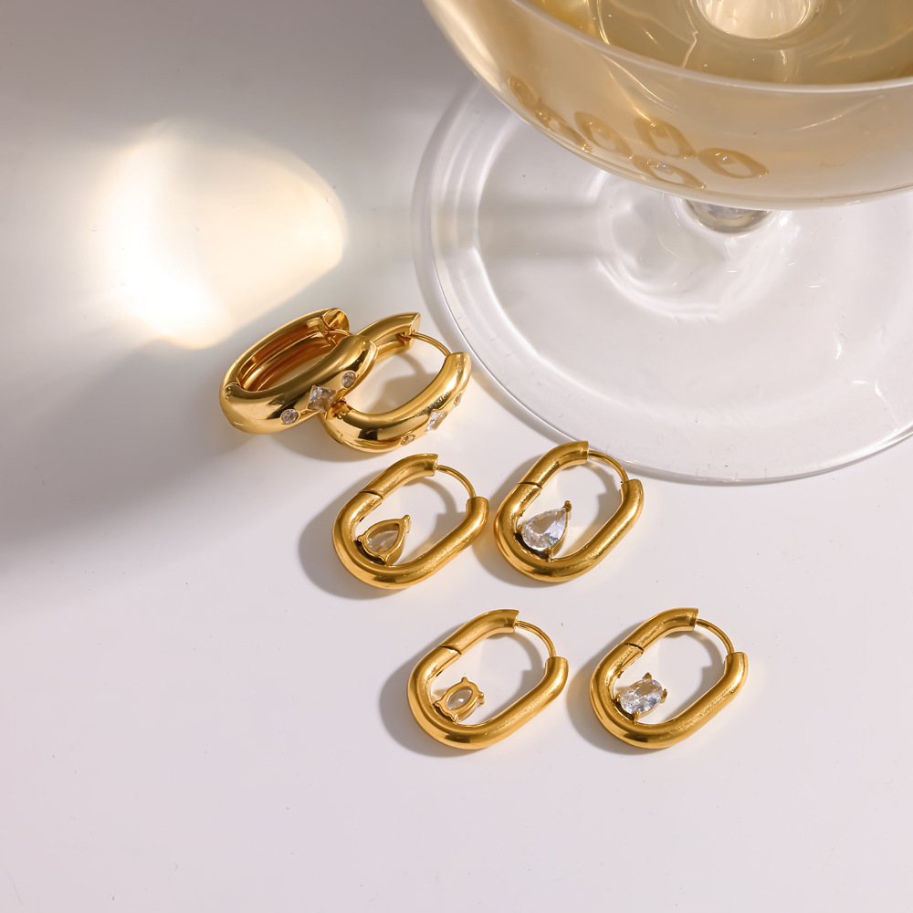 Boucles D'Oreilles Créoles Pour Femmes En Acier Inoxydable Doré, Étanches Et En Forme De U, Ornées De Strass. Image3