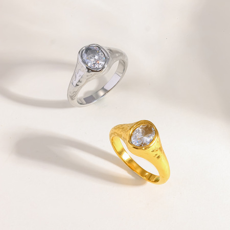 Bague de luxe quotidienne en forme d'ellipse géométrique, en acier inoxydable étanche, couleur or et zircon. Bague en zircon doré, en forme d'ellipse, avec pierre précieuse.