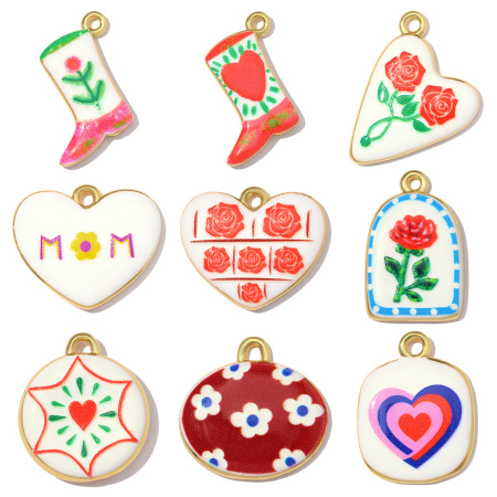 Pendentifs Pour Femmes, Collection Romantique, Émail, Motif Cœur Et Fleur, Couleur Cuivre Doré