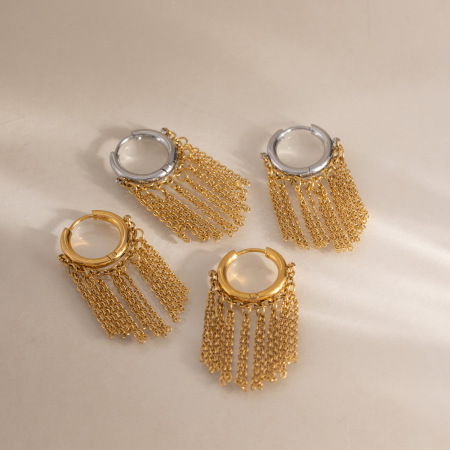 Boucles d'oreilles pendantes pour femme, style décontracté, avec chaîne à pompon, en acier inoxydable étanche, couleur or, collection Simple Series 2