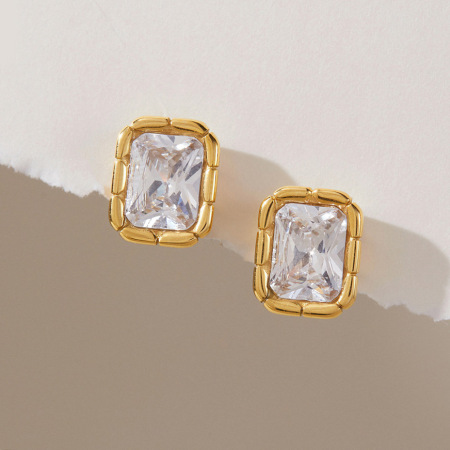 Boucles d'oreilles puces rectangulaires en acier inoxydable étanche, couleur or, avec zircon pour femme