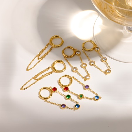 Boucles d'oreilles pendantes pour femmes, en acier inoxydable étanche, couleur or, avec pompon et strass. 2