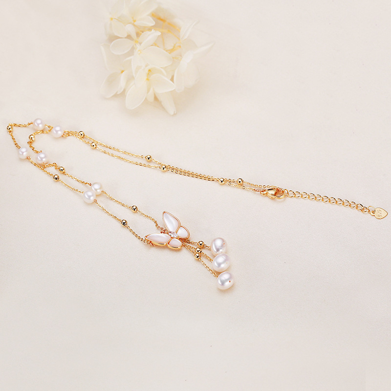 Collier De Perles Pour Femme, Collection Simple Series Elegant Beads, Perles Papillon D'Eau Douce, Plaqué Platine h5Image4