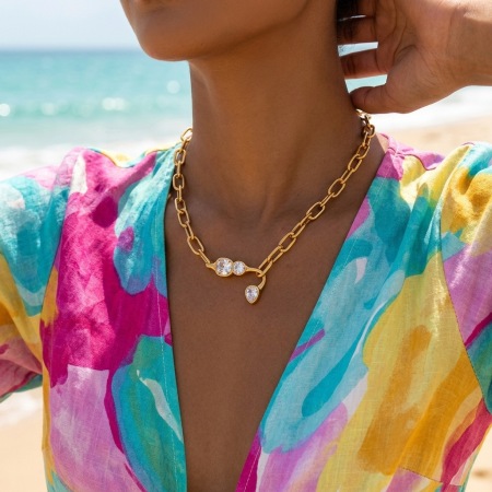 Colliers à maillons simples et décontractés, forme irrégulière, en acier inoxydable, couleur or, avec zircon, pour femmes 2