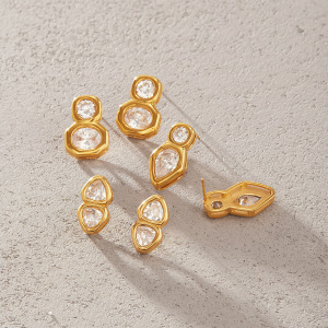 Boucles D'Oreilles Puces Pour Femmes, Forme Géométrique, En Acier Inoxydable, Étanches, Couleur Or, Avec Zircon. h5 Image4