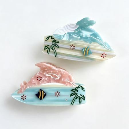 Griffes pour cheveux d'enfant style océanique, couleurs mélangées, motif plantes et poissons en acétate, collection Simple Series