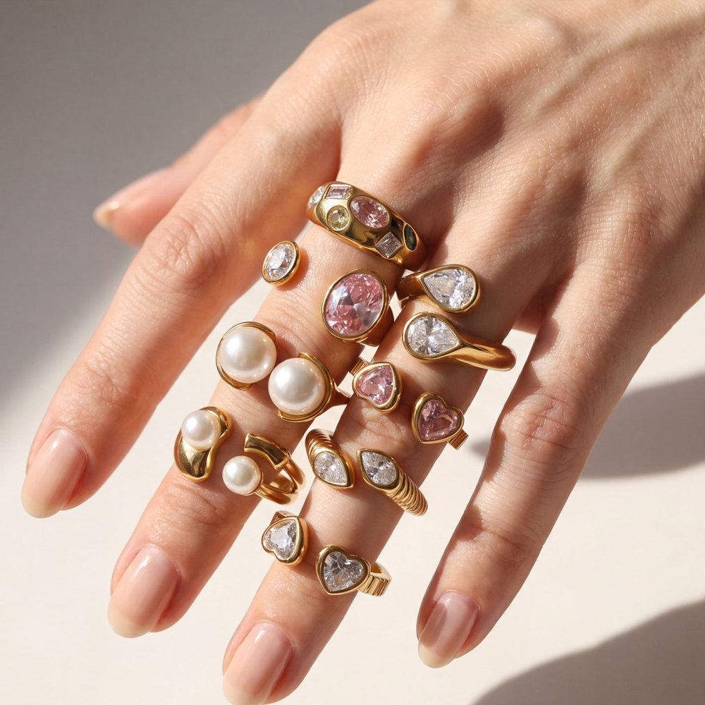 Bagues Pour Femmes En Acier Inoxydable Étanche, Forme Irrégulière, Ornées De Zircon Et Serties De Pierres Précieuses, Collection Luxe. Image4