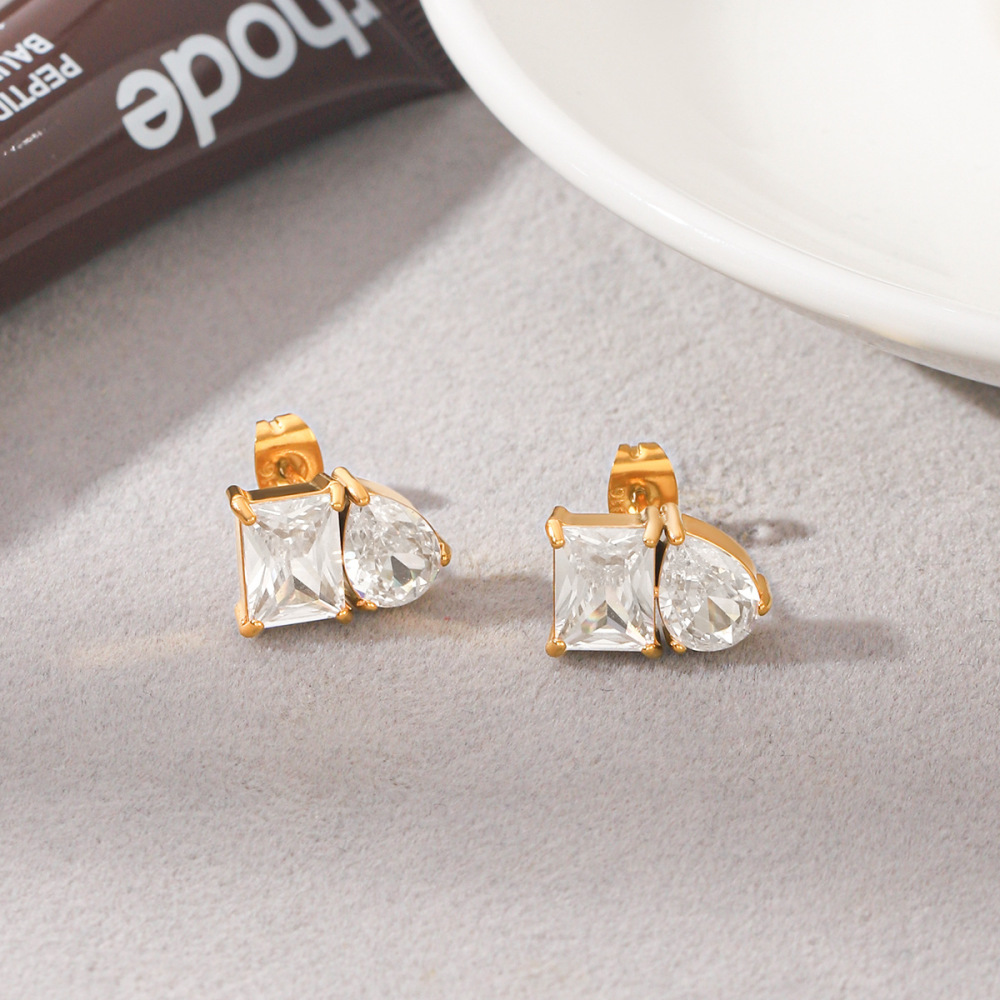 Boucles D'Oreilles Puces Pour Femmes, En Acier Inoxydable Doré, Imperméables, En Forme De Goutte, Avec Zircon Rectangulaire Et Monture En Forme De Goutte Image3