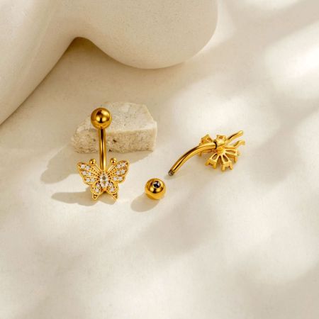 Piercings de nombril en zircon couleur cuivre doré, série simple : fleur, cœur, feuille, papillon 2