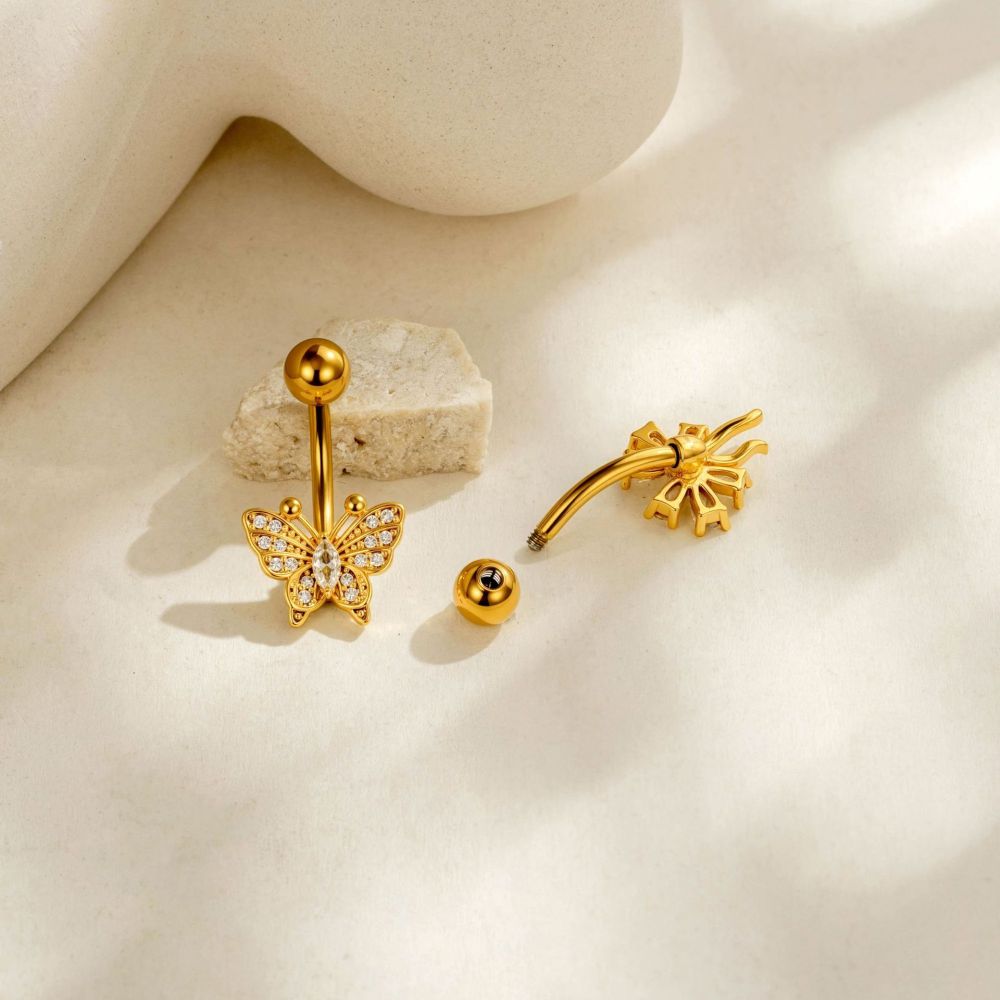 Piercings De Nombril En Zircon Couleur Cuivre Doré, Série Simple : Fleur, Cœur, Feuille, Papillon h5Image3