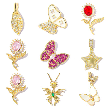 Pendentifs pour femmes, collection romantique, forme irrégulière, fleur, couleur cuivre doré, zircon.
