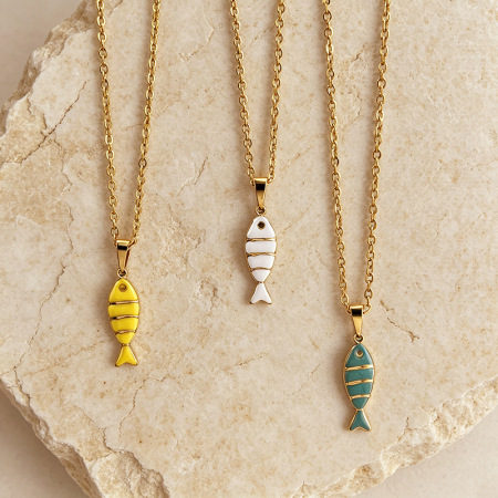 Colliers pendentifs pour femmes en acier inoxydable, couleur or, avec pendentif poisson en émail simple 2