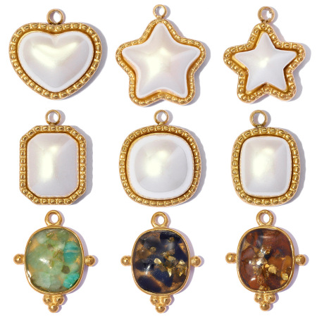 Pendentif rétro en forme de cœur rectangulaire, en acier inoxydable étanche, couleur or, avec pierre naturelle et perle artificielle.