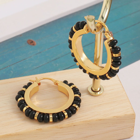 Boucles d'oreilles créoles pour femmes, perles rondes couleur cuivre doré et pierres naturelles 2