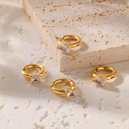 Boucles d'oreilles créoles pour femmes, forme géométrique goutte d'eau, en acier inoxydable étanche, couleur or, avec zircon. Collection Simple.