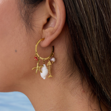 Boucles d'oreilles pendantes pour femme, style océanique, motif poisson, étoile de mer et corail, en acier inoxydable étanche, collection Simple Series.