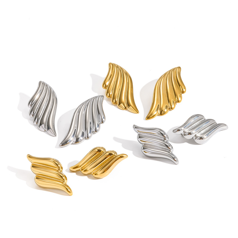 Boucles D'Oreilles Puces Pour Femmes, En Acier Inoxydable Étanche, Couleur Or, Forme Ailes Rétro Image4