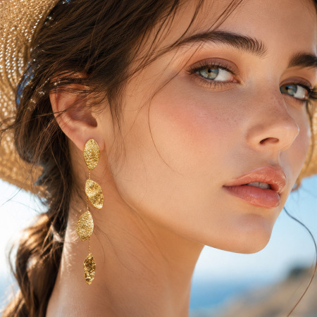 Boucles d'oreilles pendantes pour femme, motif patchwork de feuilles, en acier inoxydable, couleur or, collection Simple Series Vacation. 2