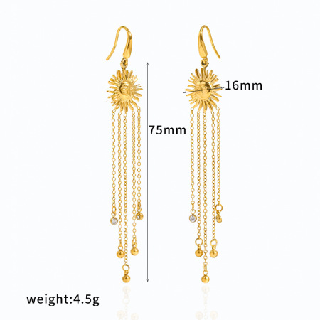 Ensemble de boucles d'oreilles pour femmes, style rétro, avec pompon soleil, en acier inoxydable étanche, couleur or et strass.