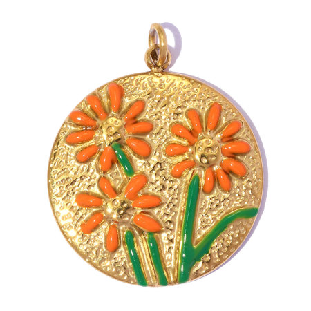 Pendentif femme en acier inoxydable, couleur or, orné d'une fleur en émail doux et d'un cœur, collection romantique 2