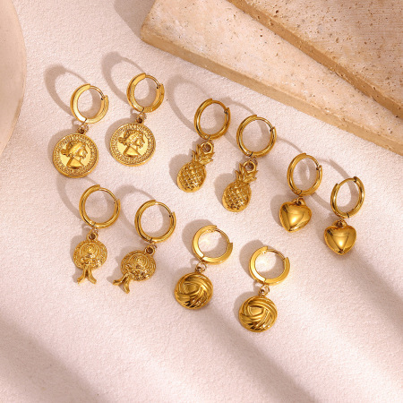 Boucles d'oreilles créoles pour femmes, style rétro, forme irrégulière, motif fruit, en acier inoxydable, étanches, couleur or, collection Simple Series 2