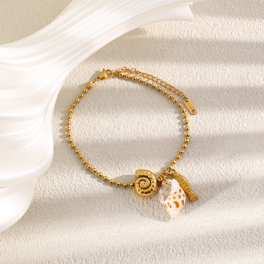 Bracelet De Cheville Simple Series Vacation Shell Fish En Acier Inoxydable Étanche Couleur Or Image2