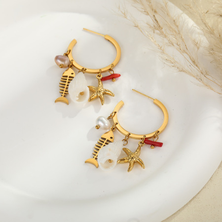 Boucles d'oreilles pendantes pour femme, style océanique, motif poisson, étoile de mer et corail, en acier inoxydable étanche, collection Simple Series. 2