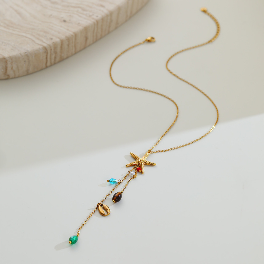 Collier Pendentif Femme Simple Series Vacation Chain Étoile De Mer Corail Acier Inoxydable Étanche Image3
