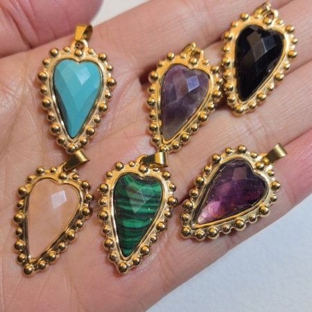 Pendentifs femme rétro en forme de cœur, pierres naturelles, acier inoxydable couleur or