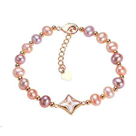 Bracelet de perles pour femme, collection Simple Series Elegant Beads, motif trèfle, perles d'eau douce couleur or. 2