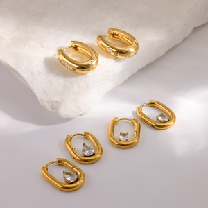 Boucles D'Oreilles Créoles Pour Femmes En Acier Inoxydable Doré, Étanches Et En Forme De U, Ornées De Strass. h5 Image2