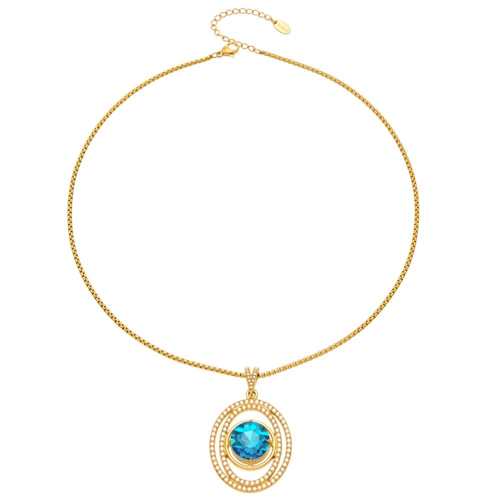 Colliers Pendentifs Pour Femmes De La Série Luxueuse, En Acier Inoxydable Étanche, Couleur Or, Zircon Et Verre Bleu h5Image5