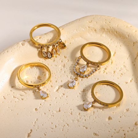 Bagues élégantes en acier inoxydable doré, forme géométrique goutte d'eau, collection romantique 2
