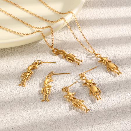 Boucles d'oreilles pendantes pour femme, motif lune et animaux mignons, en acier inoxydable, étanches, couleur or, de la série Simple. 2