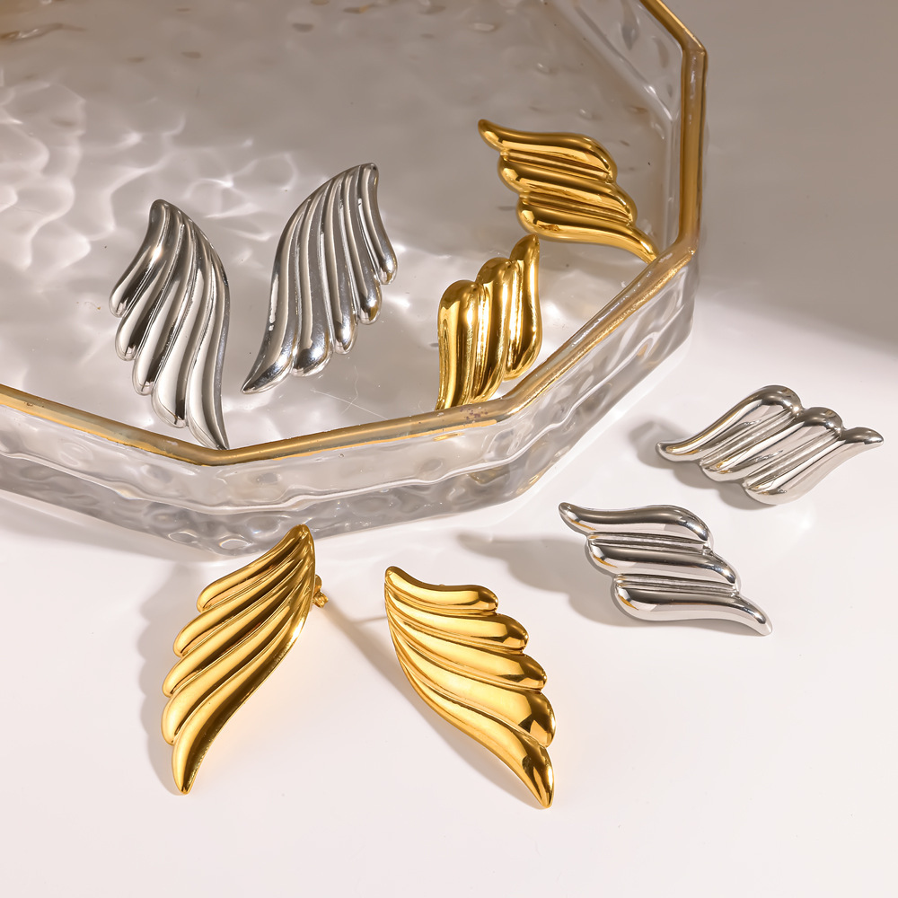Boucles D'Oreilles Puces Pour Femmes, En Acier Inoxydable Étanche, Couleur Or, Forme Ailes Rétro Image3