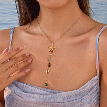 Collier pendentif femme Simple Series Vacation Chain Étoile de mer Corail Acier inoxydable étanche