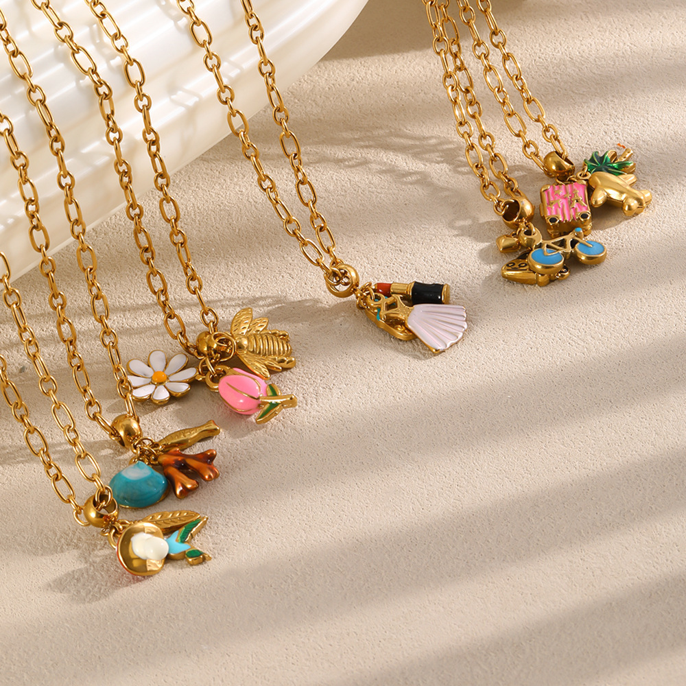 Colliers Pendentifs Pour Femmes, Collection Romantique, Motif Floral Quotidien, Forme Irrégulière, Acier Inoxydable, Couleur Or, Étanches Image2