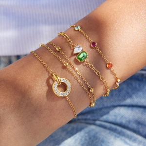 Bracelet À Breloques Pour Femme En Acier Inoxydable, Forme Géométrique Simple Circulaire, Couleur Or, Avec Zircon, Étanche. h5 Image2