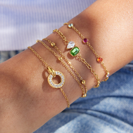 Bracelet à breloques pour femme en acier inoxydable, forme géométrique simple circulaire, couleur or, avec zircon, étanche. 2