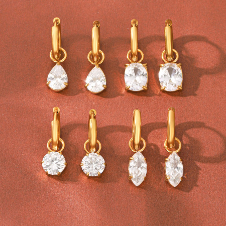 Boucles d'oreilles créoles pour femmes, en acier inoxydable, couleur or, avec zircon, forme ellipse et goutte simple, collection Daily Droplet.